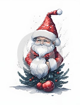 Santa claus with gift box and Christmas tree on white