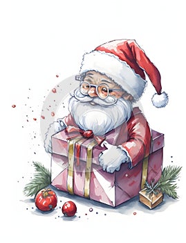 Santa claus with gift box and Christmas tree on white