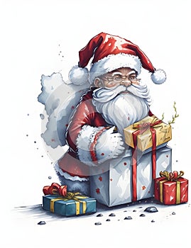 Santa claus with gift box and Christmas tree on white