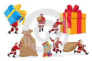 Santa Claus with gift boxes, sacks, isolated on white background. Christmas or New Year characters. Vector illustration