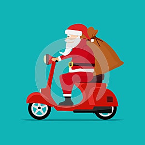 Santa Claus with a gift sack riding a scooter. Christmas holiday design. vector