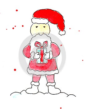 Santa Claus with a gift. Watercolor illustration on a winter theme, congratulations