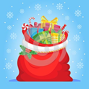 Santa Claus gifts in bag. Christmas presents sack, pile of sweets gift and xmas vector illustration photo