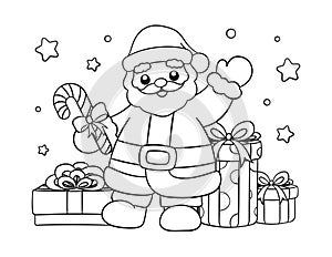 Santa Claus with gifts and candy cane outline line art doodle cartoon illustration. Winter Christmas theme coloring book page