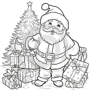 Santa Claus, gifts and Christmas tree, black White coloring card. Christmas card as a symbol of remembrance of the birth of the