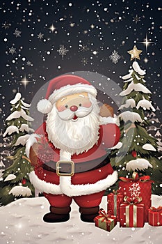 Santa Claus with gifts and fir trees in the snow. Christmas background.