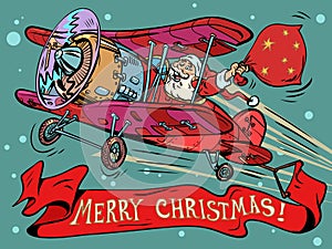 Santa claus with gifts flies on a retro plane. Merry christmas inscription. Holidays and new year theme. Cheerful old