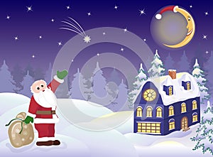 Santa Claus with gifts and moon