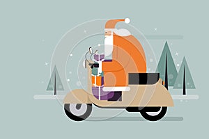 Santa Claus with gifts on a scooter in a winter background