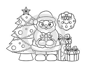 Santa Claus with gifts, wreath and Christmas tree outline line art doodle cartoon illustration. Winter Christmas theme coloring