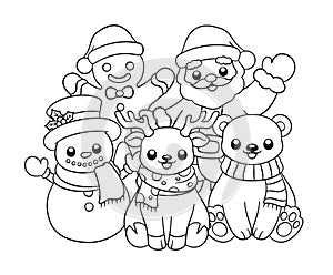 Santa Claus, Gingerbread man, snowman, reindeer, polar bear outline line art doodle cartoon illustration. Winter Christmas theme