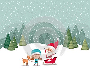 Santa claus and girl helper with sled and reindeer