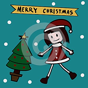 Santa claus girl standing with Christmas tree and yellow star on top, on green background and white snow.