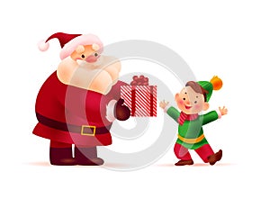 Santa Claus give present box to little happy boy in winter hat isolated on white background.
