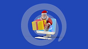 Santa Claus gives Gift online from Computer Monitor 3D style isolated on Blue background. 3D illustration