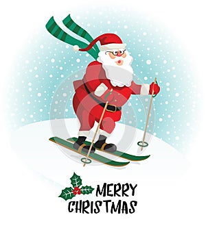 Santa Claus gives gifts on skiing. Vector illustration.