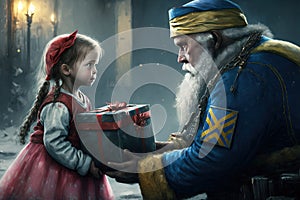 Santa claus giving gift to a sad ukraine war little girl generative ai