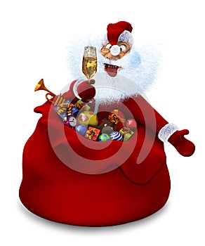 Santa Claus with a glass of champagne in a bag