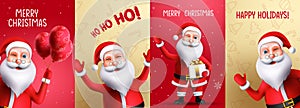 Santa claus greeting vector set. Santa claus christmas characters in pattern background with waving and friendly gestures.