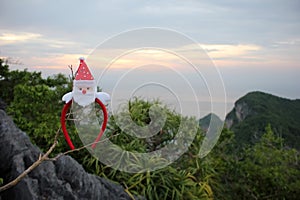 Santa Claus hair band hanging on tree branches.