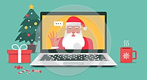 Santa Claus hand greeting via video calling on the laptop for online Christmas