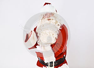 Santa claus, hand and space for Christmas gift, festive season or holiday celebration. Male person, portrait and palm