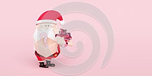 Santa claus hands holding open gift box, question mark symbol icon isolated on pink background. website, poster, happiness cards,