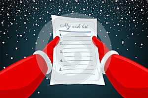 Santa Claus hands holding and reading letter wish list paper on snowy background. Christmas and Happy New Year cartoon