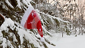 santa claus at hanging on winter Christmas tree covered