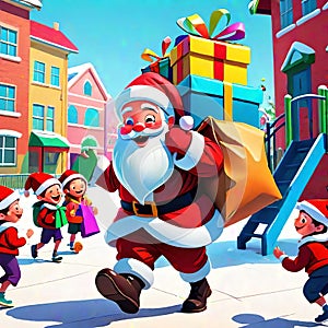 Santa Claus happy school children playground present delivery