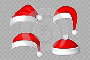 Santa Claus hat 3D set. Realistic Santa Claus hat isolated transparent background. Red funny cap silhouette. Merry