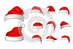 Santa Claus hat 3D set. Realistic Santa Claus hat isolated on white background. Red funny cap silhouette. Merry