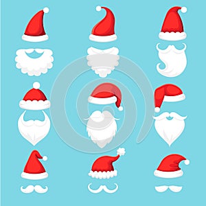 Santa Claus hat and beard. Christmas traditional red warm hats with fur, white beards with mustaches cartoon