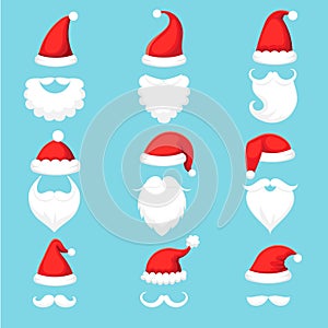Santa Claus hat and beard. Christmas traditional red warm hats with fur, white beards with mustaches cartoon illustration vector