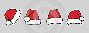 Santa Claus hat, christmas symbol set, pack of stickers, red hats with black outline, vector design elements