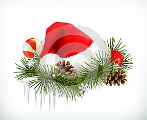 Santa Claus hat, Christmas tree and cones