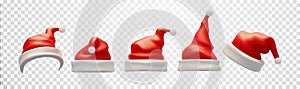 Santa Claus hat collection isolated on transparent background. Realistic set of red santa hats. New Year red hat