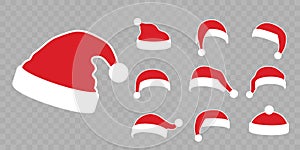 Santa Claus hat flat set. Realistic Santa Claus hat isolated transparent background. Red cap silhouette. Merry Christmas