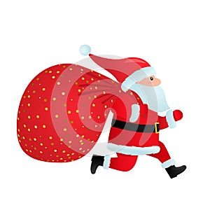 Santa claus in a hat with a full sack of gifts runs with delivery.