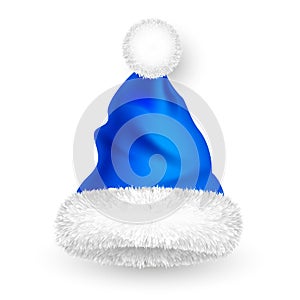 Santa Claus hat with fur. New Year blue hat, realistic winter cap. Christmas greeting card design element. Vector