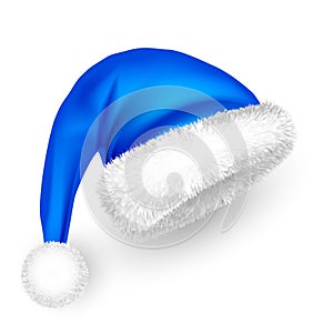 Santa Claus hat with fur. New Year blue hat, realistic winter cap. Christmas greeting card design element. Vector