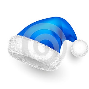 Santa Claus hat with fur. New Year blue hat, realistic winter cap. Christmas greeting card design element. Vector