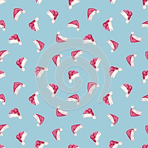 Santa Claus hat. Seamless Watercolor Pattern with Santa Claus Hats. Christmas background for designing postcards