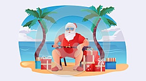 santa claus in hat sitting in armchair at tropical sea beach with palms christmas eve holiday happy new year celebration