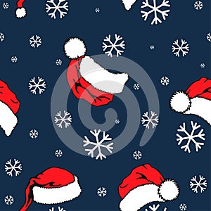 Santa Claus hat and snowflakes seamless pattern on dark bsckground. Vector design in retro style. Hand drawn doodle seamless