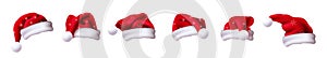 Santa claus hat vector set design. Santa 3d christmas cap elements collection with star and snow flakes pattern.