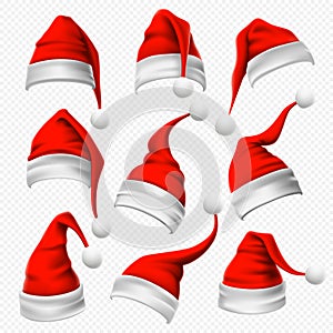 Santa Claus hats. Christmas red hat, xmas furry headdress and winter holidays head wear decoration 3D vector set