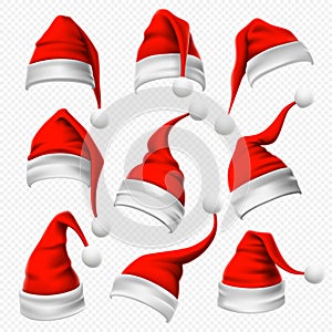 Santa Claus hats. Christmas red hat, xmas furry headdress and winter holidays head wear decoration 3D vector set photo