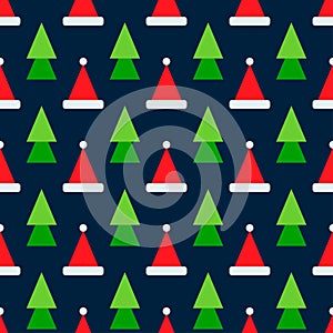 Santa Claus hats and christmas trees icon seamless pattern. Vector design in geometric style. Festive Christmas