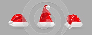 Santa Claus hats set isolated on gray background. 3d realistic render vector